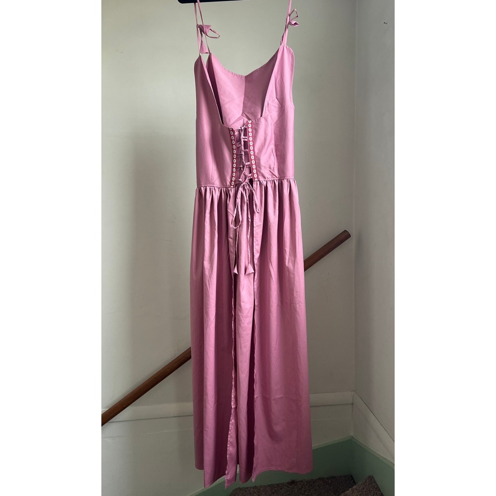 Maxi Dirndl Dress S/M Pink Lace Up Back Floral Trim Tie Shoulder Bavarian LOng